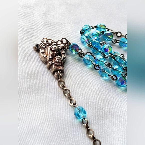 Aurora Borealis Beaded Rosary 19", Stamped Italy - Picture 5 of 8